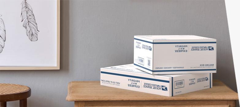 Two Priority Mail Express International® boxes sitting on a table.